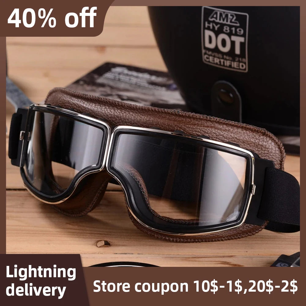 Lunettes de Moto Rétro Pliables en Cuir - Anti-Vent et Anti-Poussière - vue 2