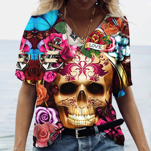 T-shirt femme tête de mort col V manches courtes - vue 9