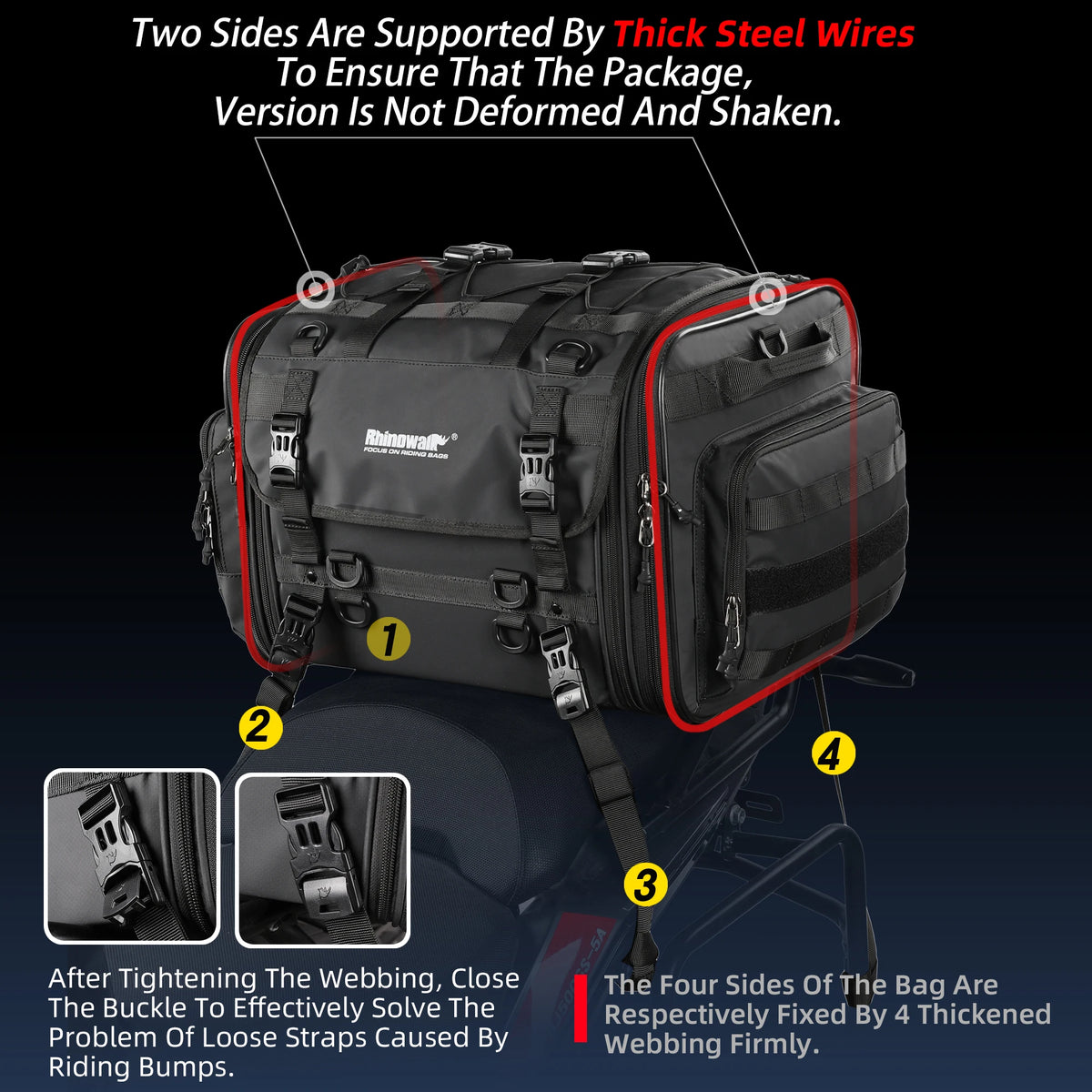 Sac de bagagerie moto Rhinowalk noir extensible, monté sur porte-bagages - vue 4