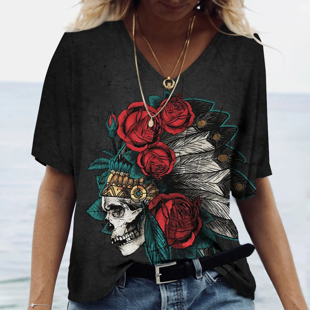 T-shirt femme tête de mort col V manches courtes - vue 19