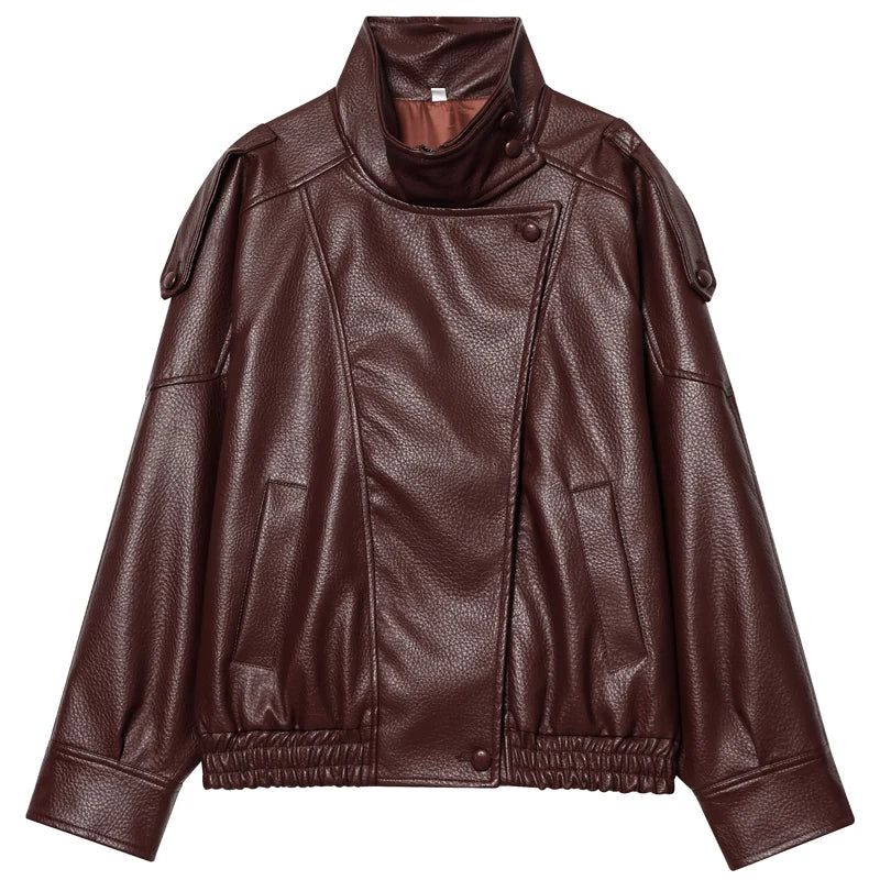 Blouson bomber noir en simili cuir pour femme - vue de face - vue 6