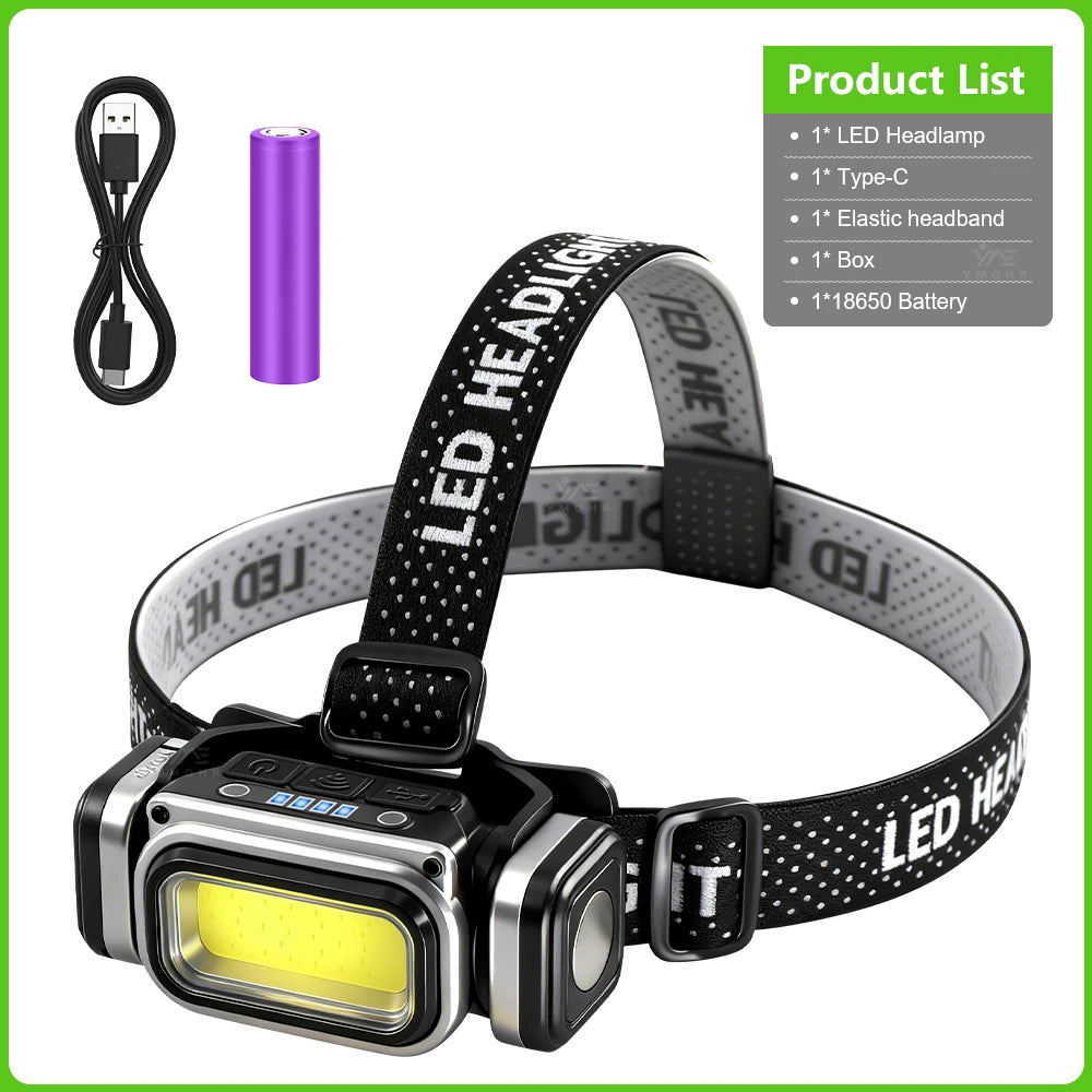 Lampe frontale LED COB 30W rechargeable, détecteur de mouvement, batterie 18650 – photo 7/10