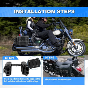 Paire de sacoches latérales en cuir noir avec porte-gobelet, fixées sur une moto - vue 6