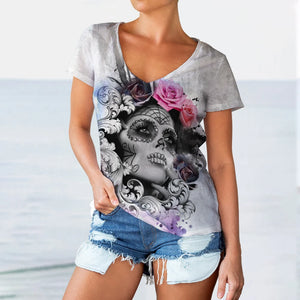 T-shirt femme tête de mort col V manches courtes - vue 4