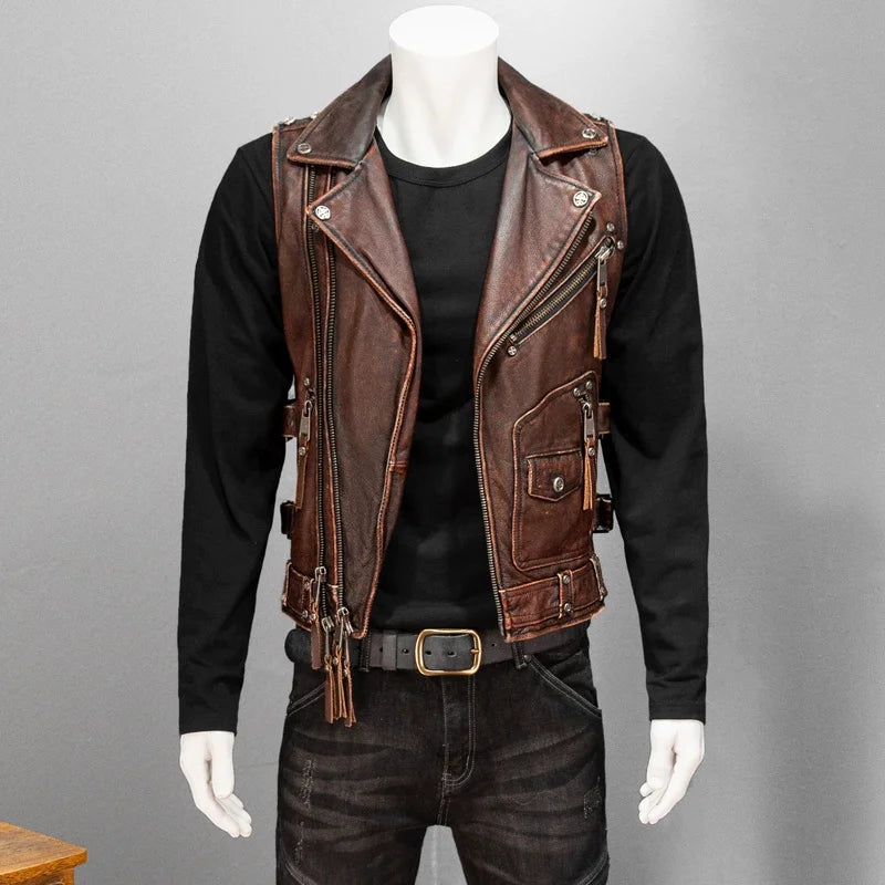 Gilet biker en cuir vintage brun-rouge - vue - vue 7
