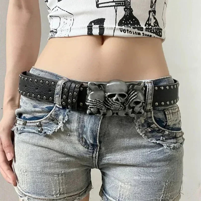 Ceinture punk boucle main de squelette et rivets - vue 1