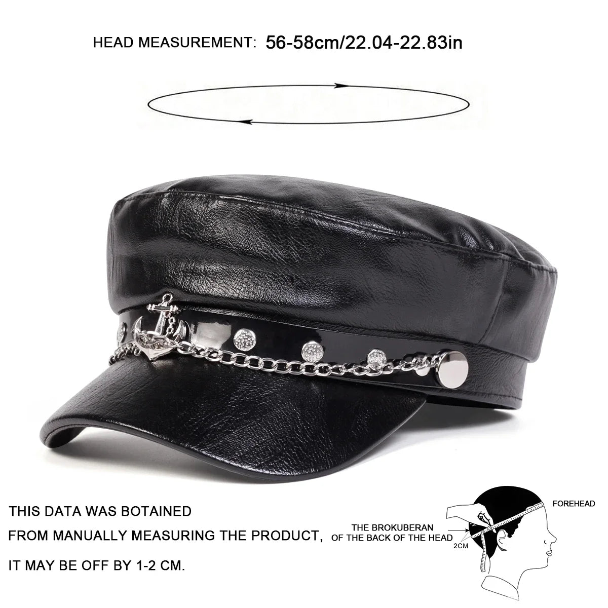 Béret noir en simili cuir boucle ancre - vue de face - vue 2