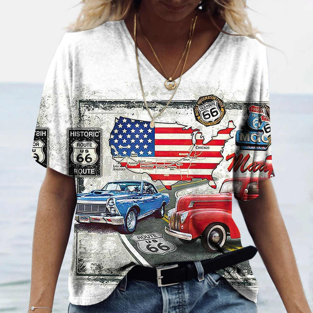 T-shirt Femme Col V Motif Route 66, Manches Courtes Oversize - vue 16