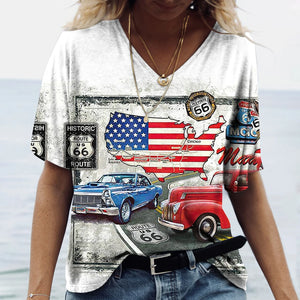 T-shirt Femme Col V Motif Route 66, Manches Courtes Oversize - vue 16