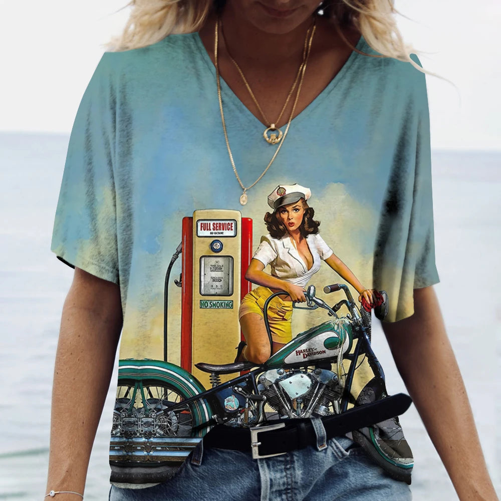 T-shirt Femme Col V Motif Route 66, Manches Courtes Oversize - vue 7