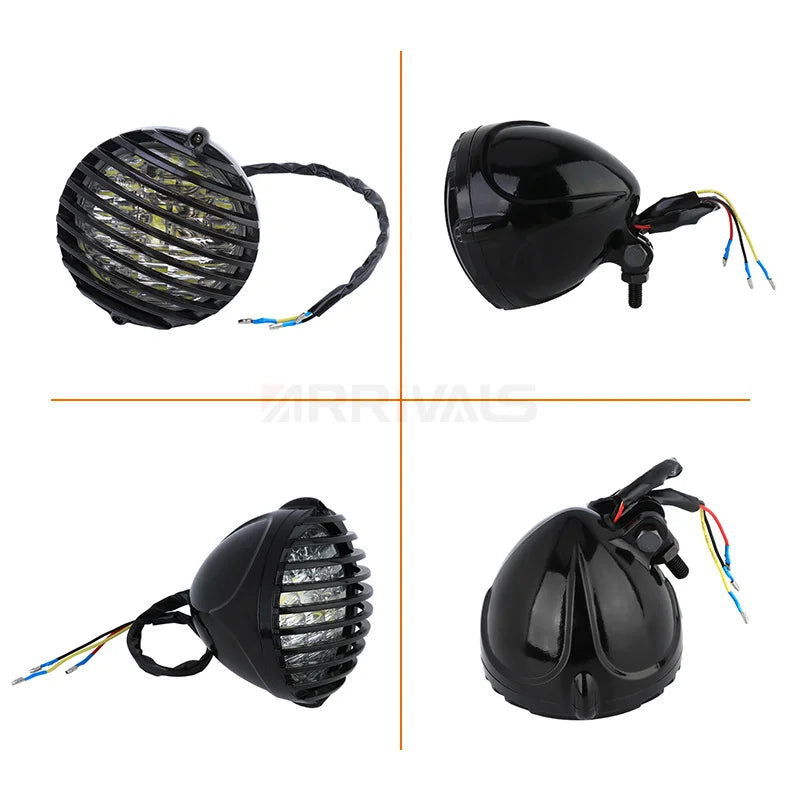Grille de protection métallique noire posée sur un phare rond de moto rétro - vue 4