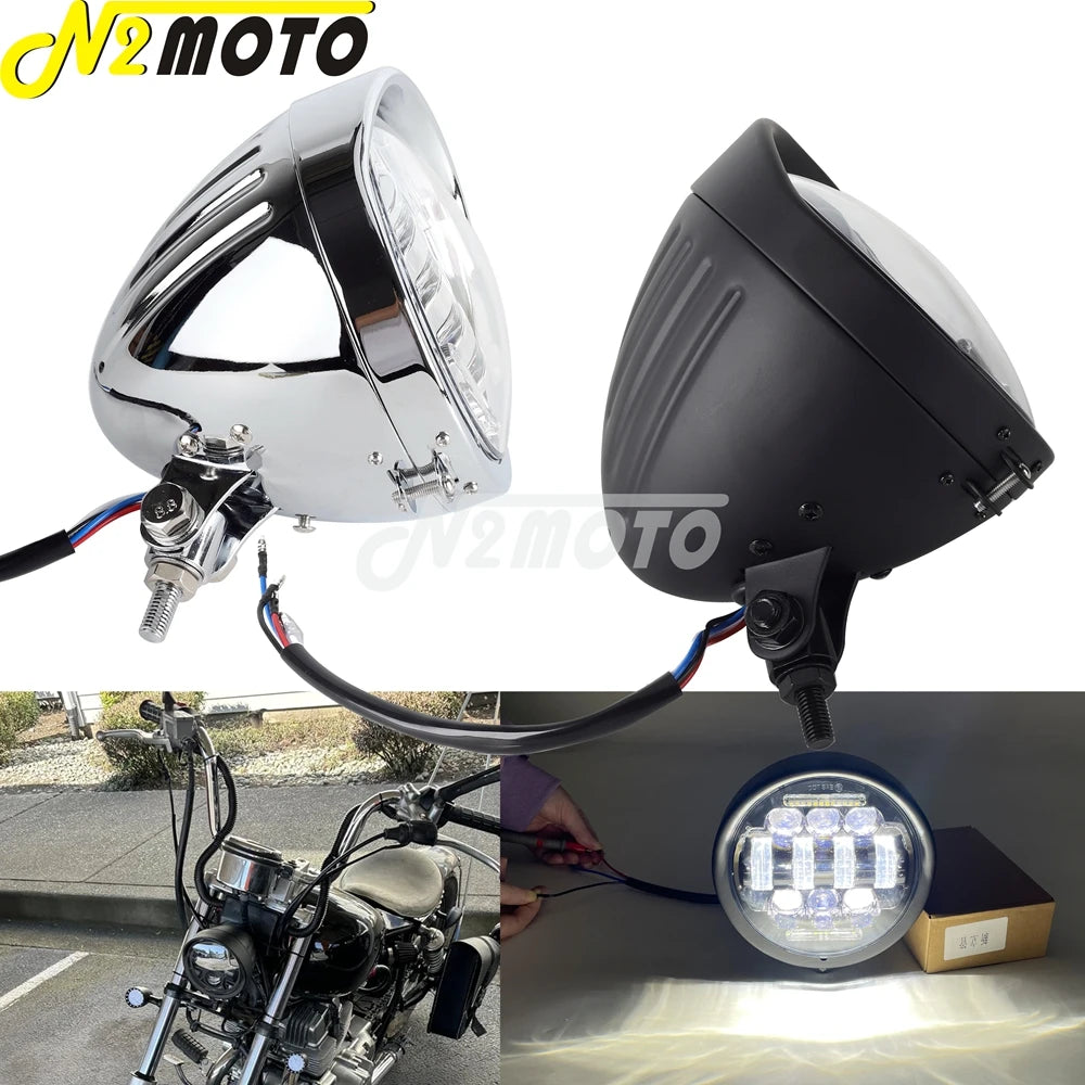 Phare rond chromé 5,75 pouces pour moto custom chopper bobber - vue 1