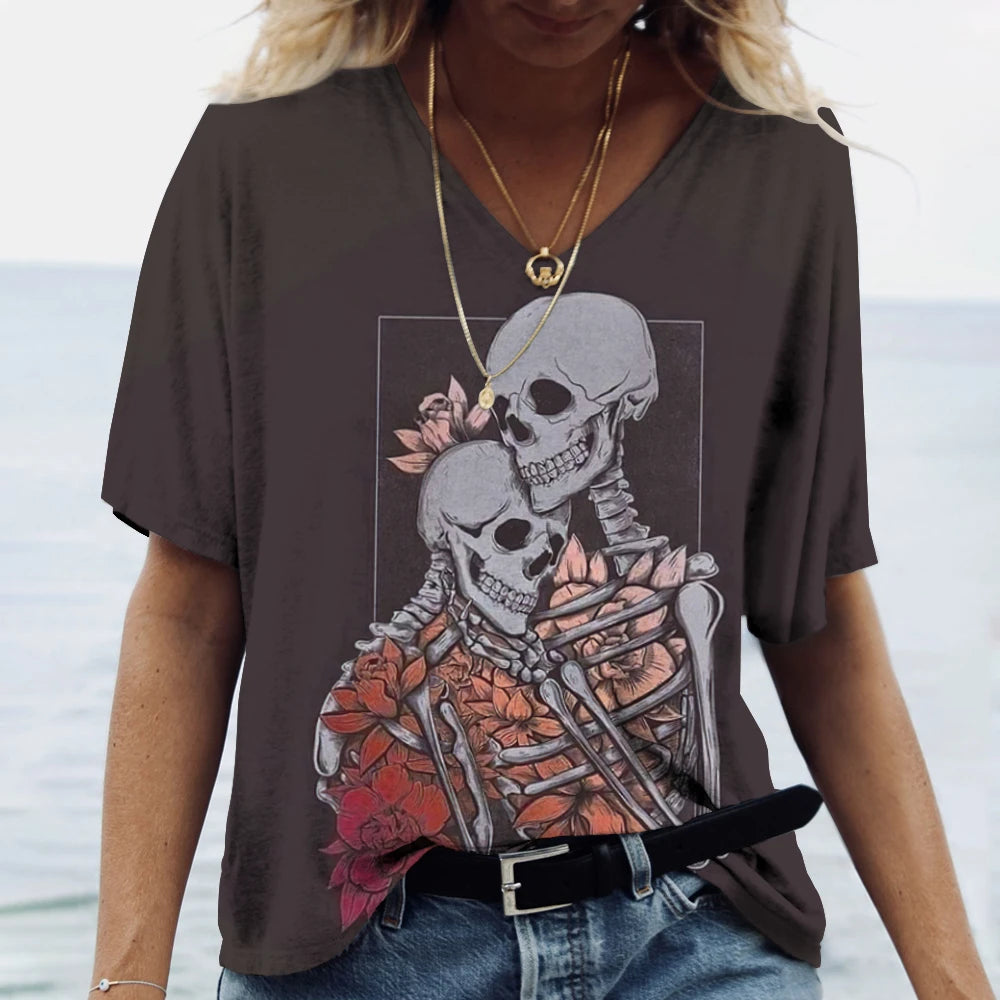 T-shirt femme tête de mort col V manches courtes - vue 7