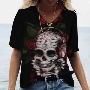 T-shirt femme tête de mort col V manches courtes - vue 8