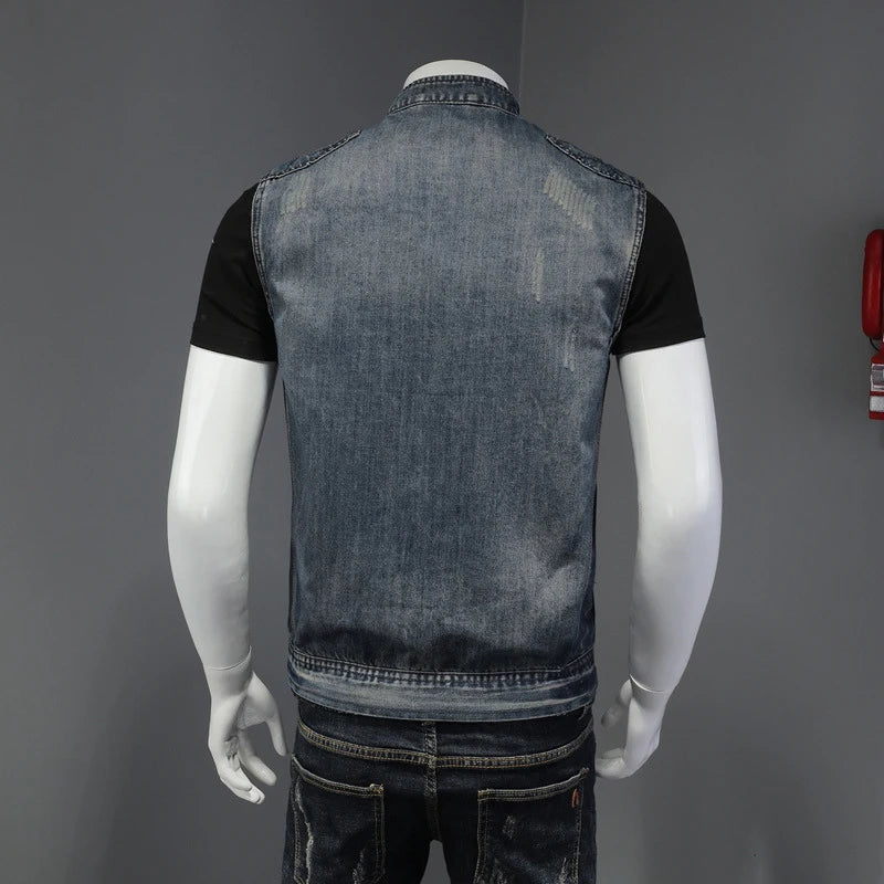 Gilet en jean bleu délavé effet déchiré - vue de face - vue 4
