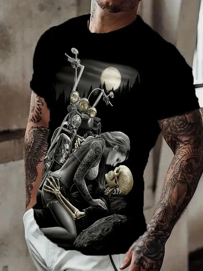 T-shirt Homme Moto Vintage Imprimé 3D Oversize Streetwear - vue 4