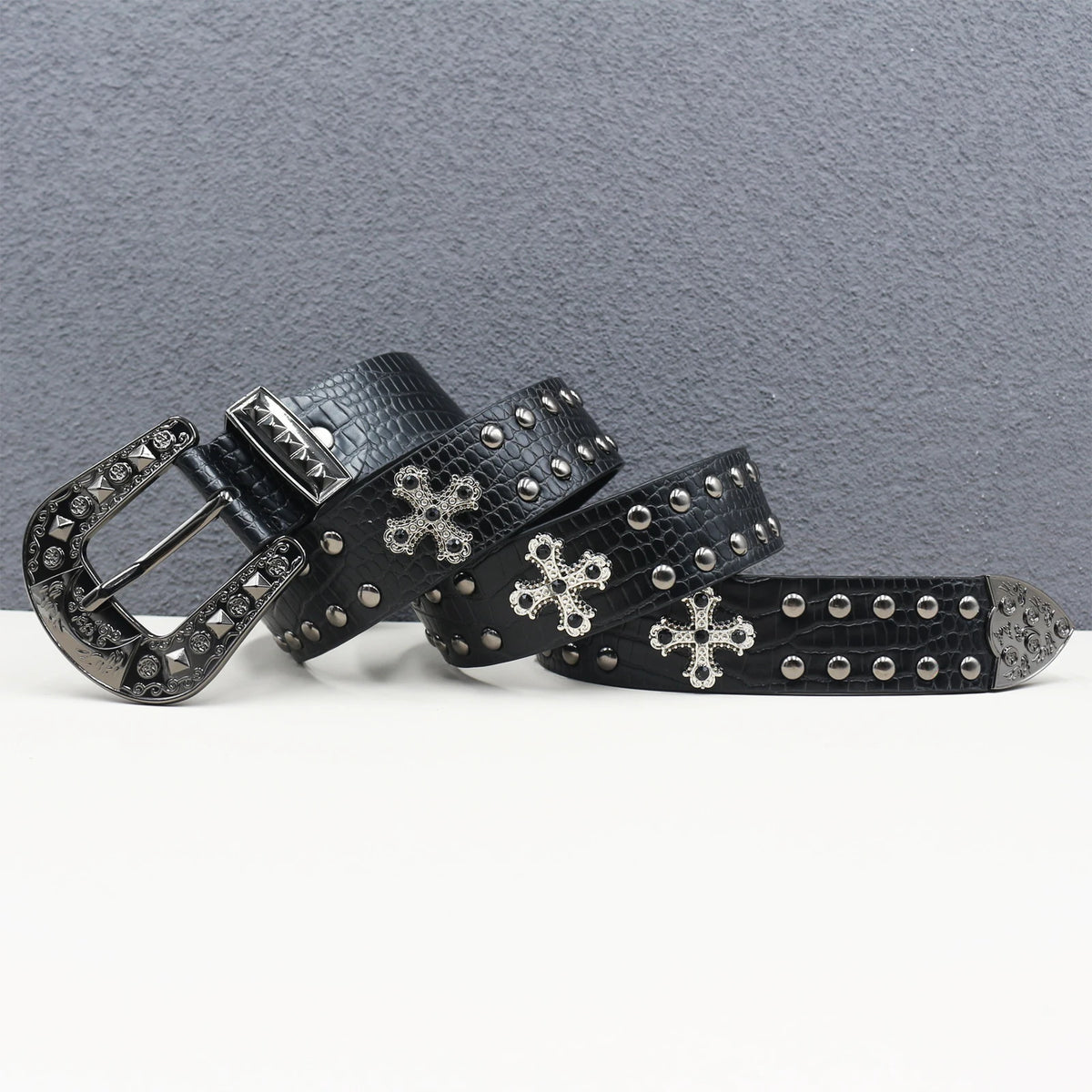 Ceinture en similicuir noir avec rivets métalliques et boucle punk - vue 21