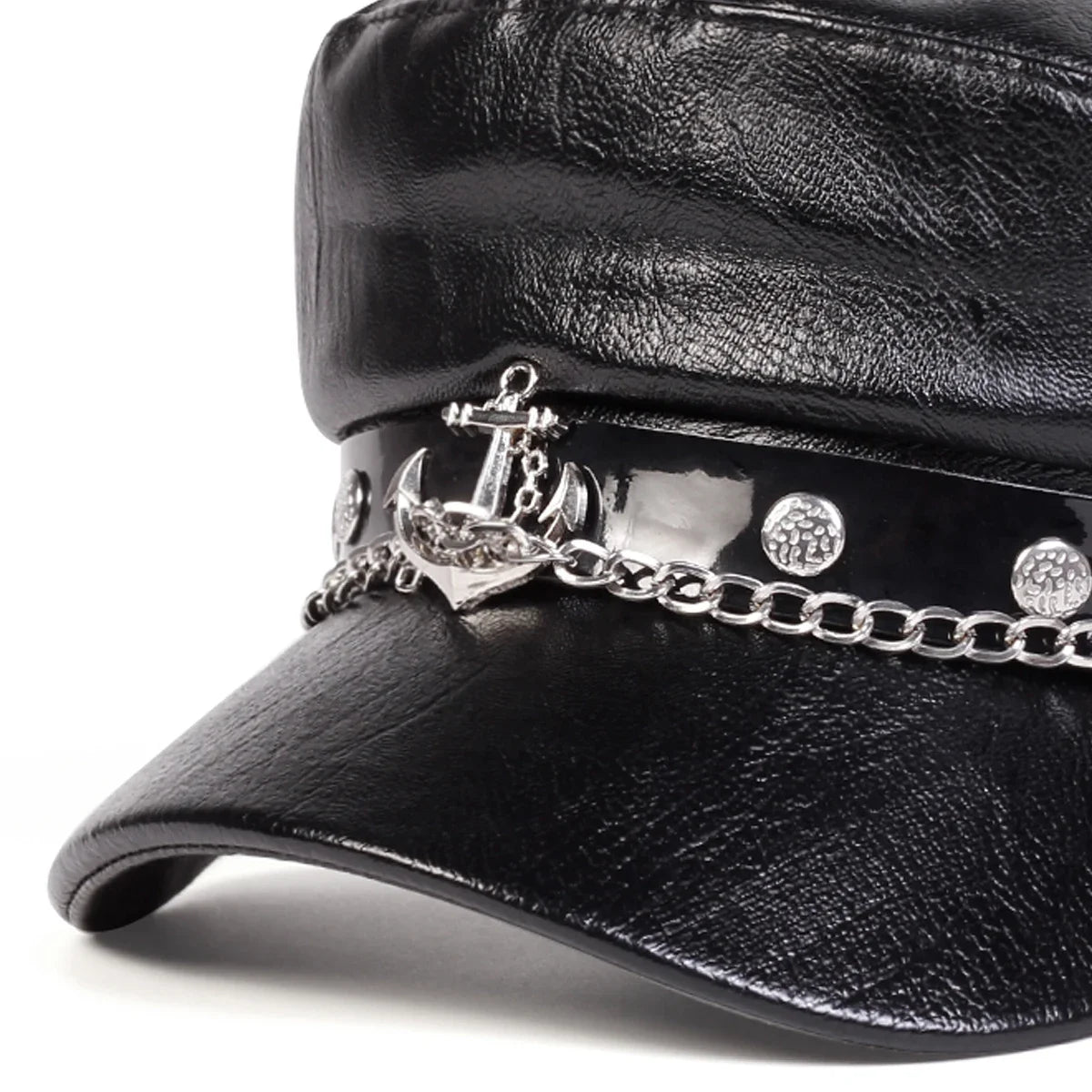 Béret noir en simili cuir boucle ancre - vue de face - vue 5