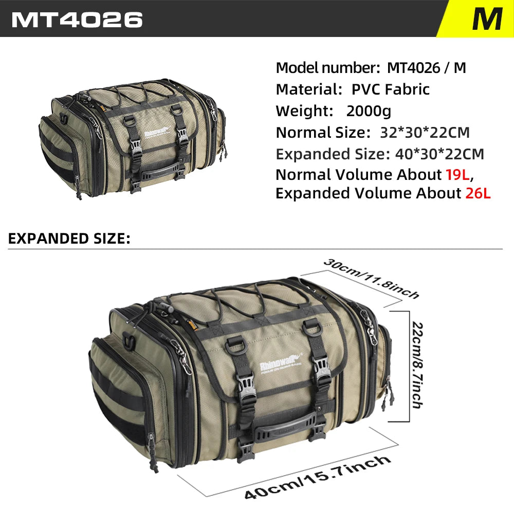 Sac de coffre arrière moto Rhinowalk noir, extensible, monté sur porte-bagages - vue 9