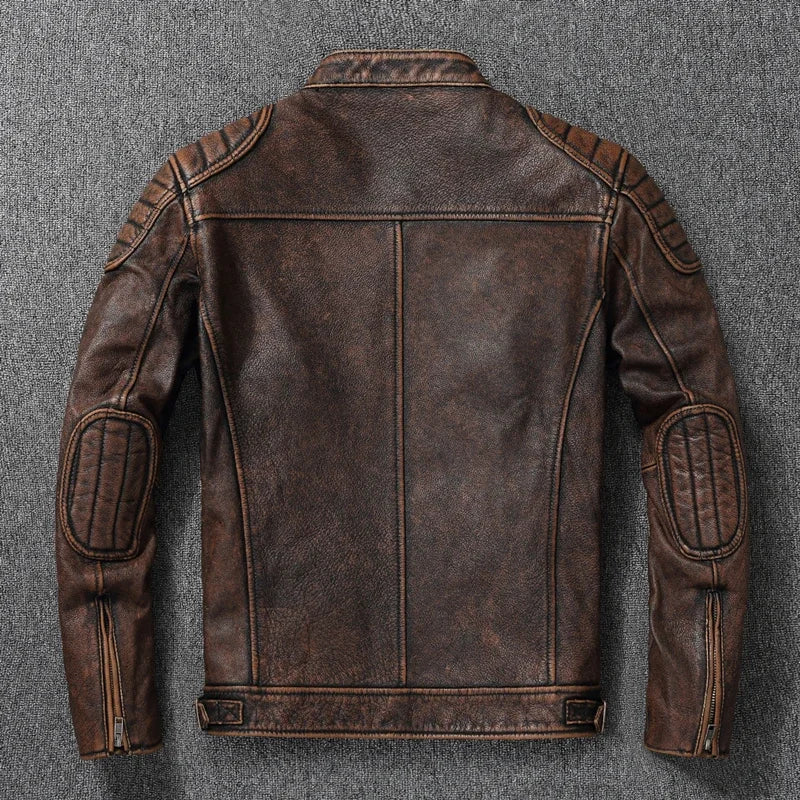 Blouson moto cuir véritable col montant - vue - vue 3