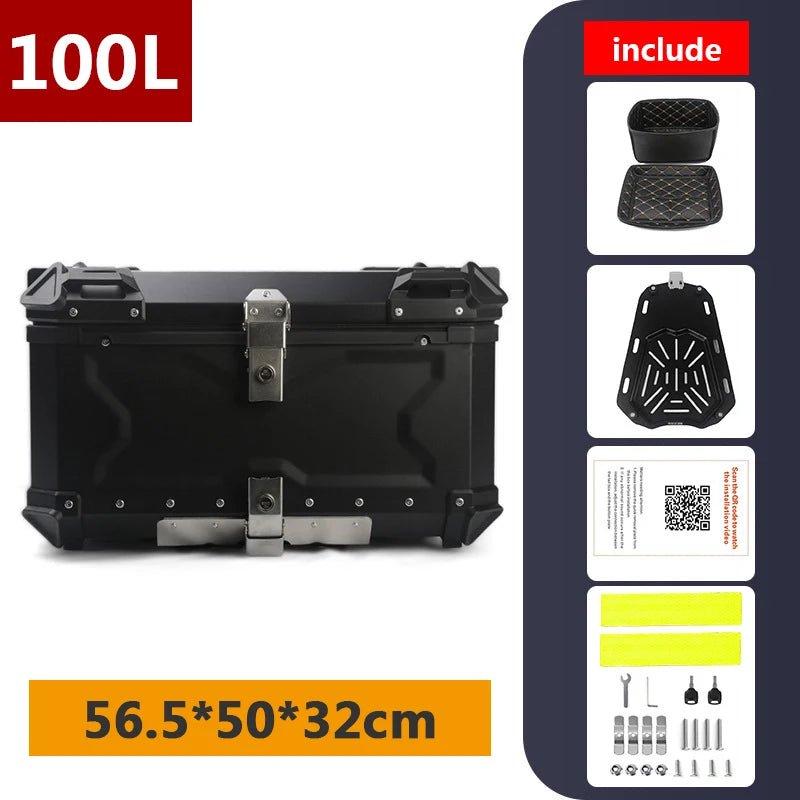 Top case moto en aluminium noir avec serrure, fixé sur un porte-bagages arrière - vue 30