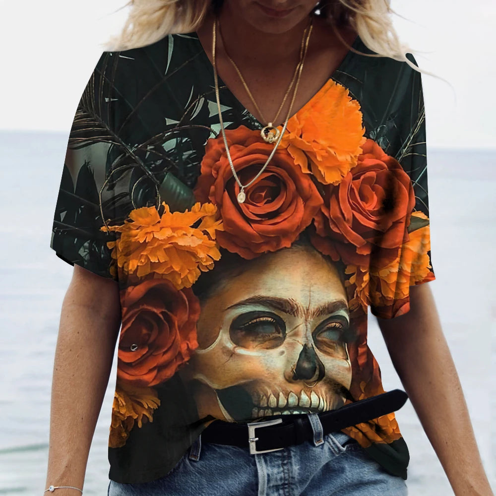 T-shirt femme tête de mort col V manches courtes - vue 15