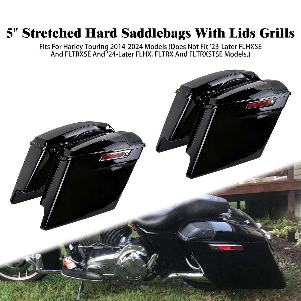Sacoches Rigides Étirées 5 pouces avec Grilles Haut-Parleur - Harley-Davidson Touring Road, Street Glide, FLHR 2014-2024 – photo 1/8