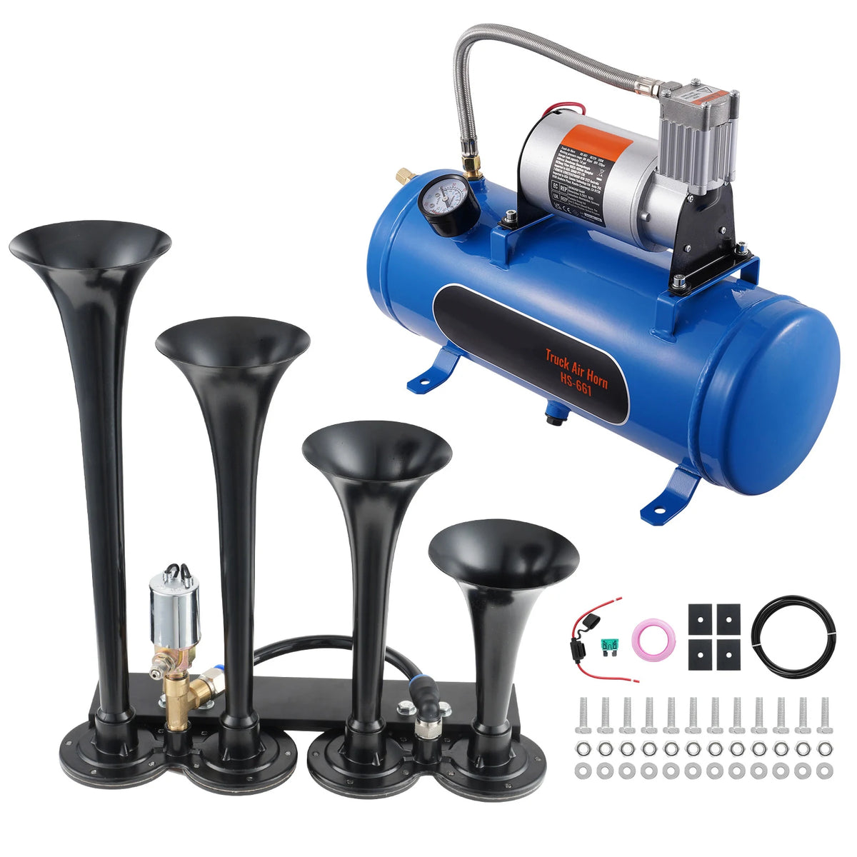 Kit de Trompes à Air 4 Trompettes 150dB avec Compresseur 12V – photo 1/9