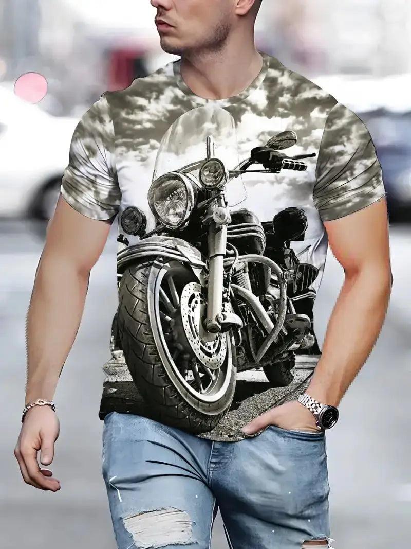 T-shirt Homme Moto Vintage Imprimé 3D Oversize Streetwear - vue 8