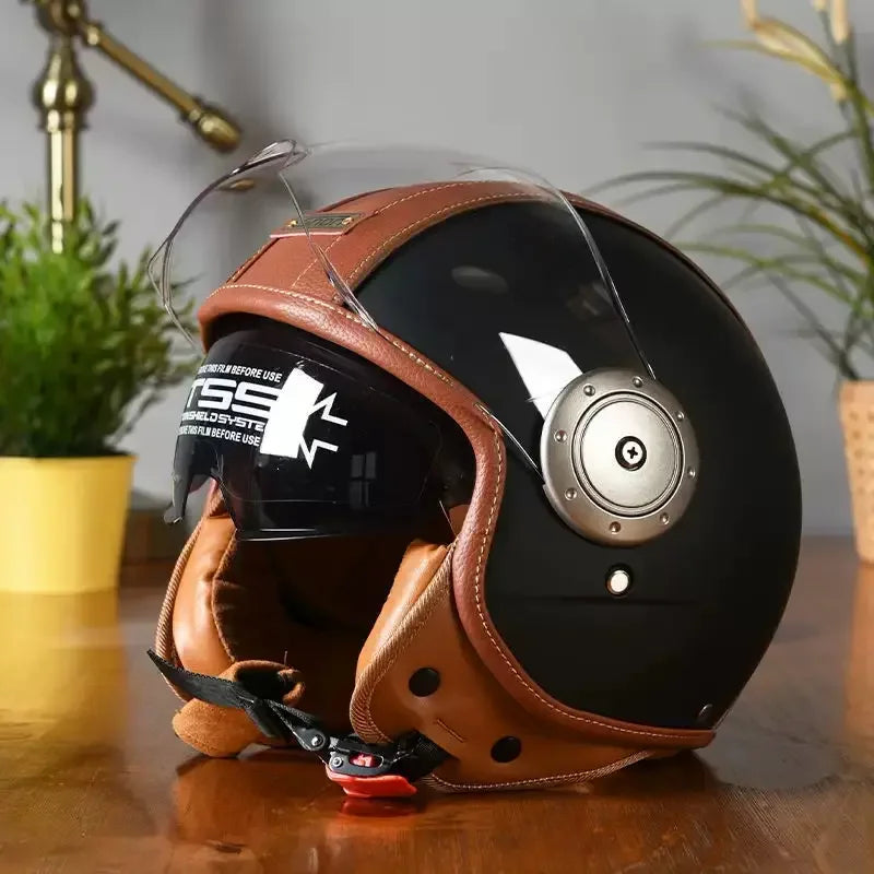 Casque moto jet cuir marron rétro - vue 1
