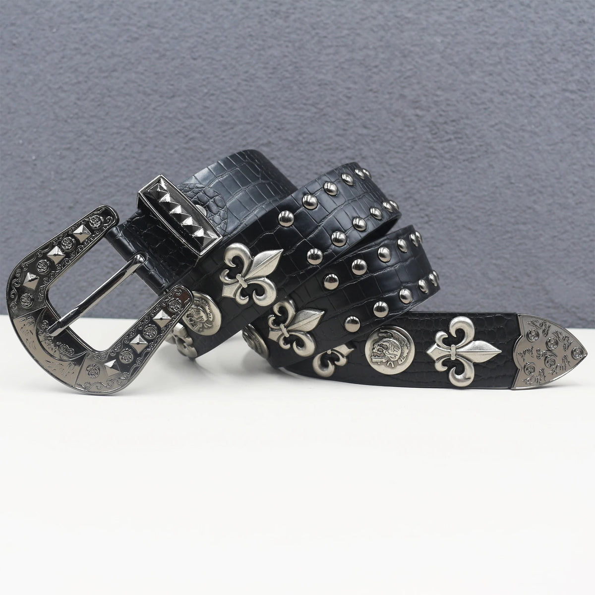 Ceinture en similicuir noir avec rivets métalliques et boucle punk - vue 4
