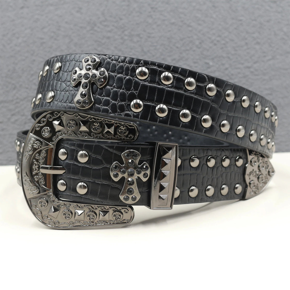 Ceinture en similicuir noir avec rivets métalliques et boucle punk - vue 17