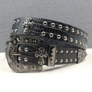 Ceinture en similicuir noir avec rivets métalliques et boucle punk - vue 17