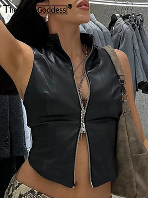 Crop Top Simili Cuir Noir à Zip, Style Gothique Streetwear - vue 5