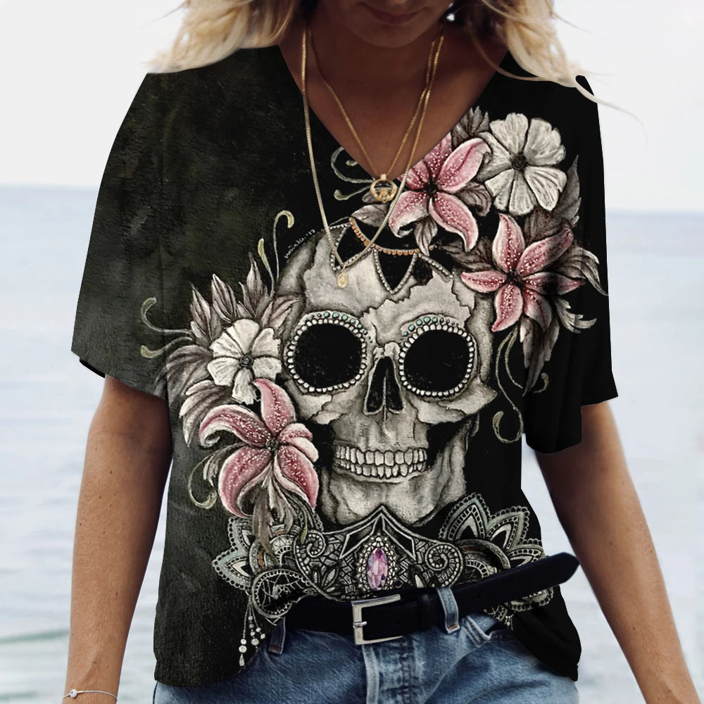 T-shirt femme tête de mort col V manches courtes - vue 20