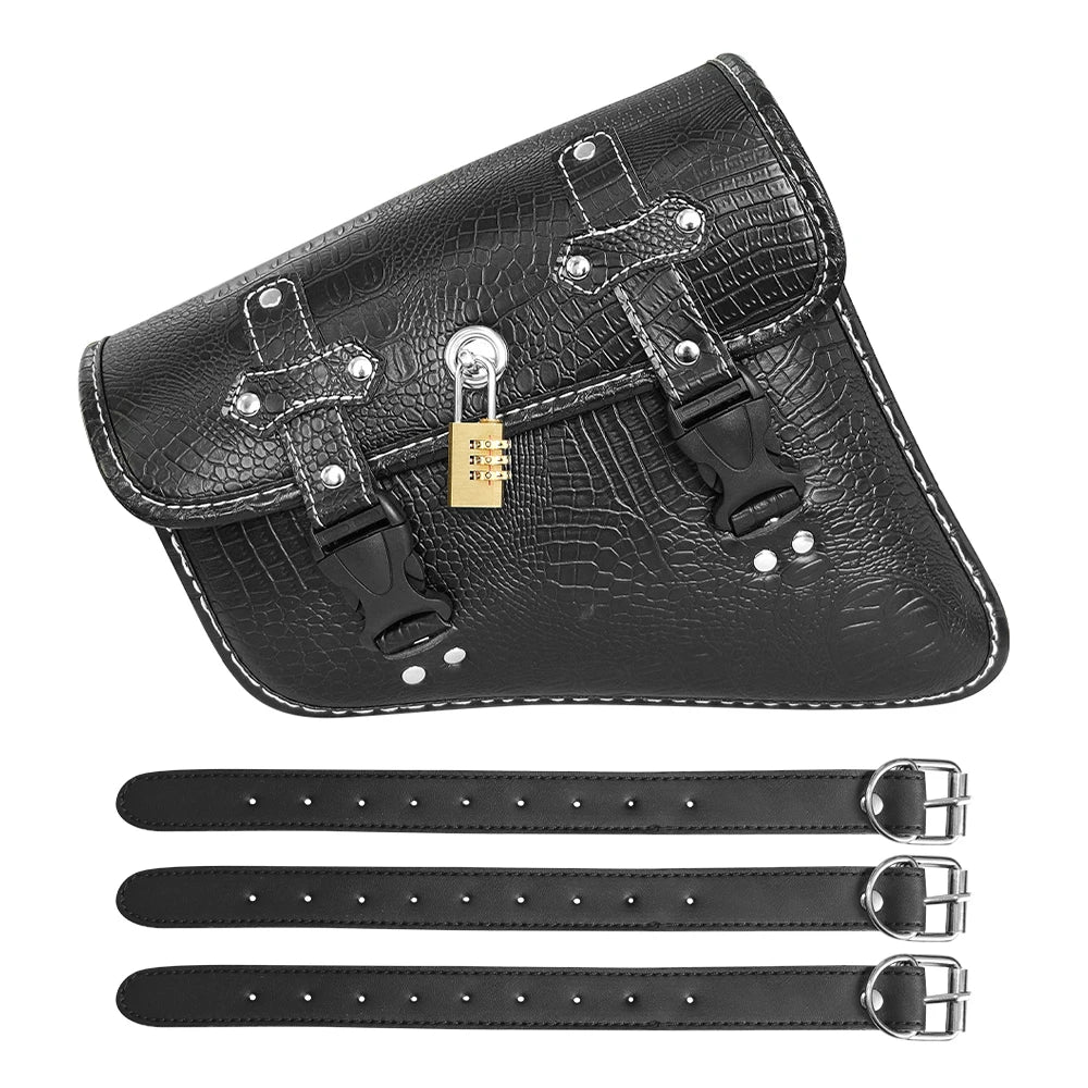 Sacoche latérale en simili-cuir noir fixée sur le côté d'une moto custom - vue 7