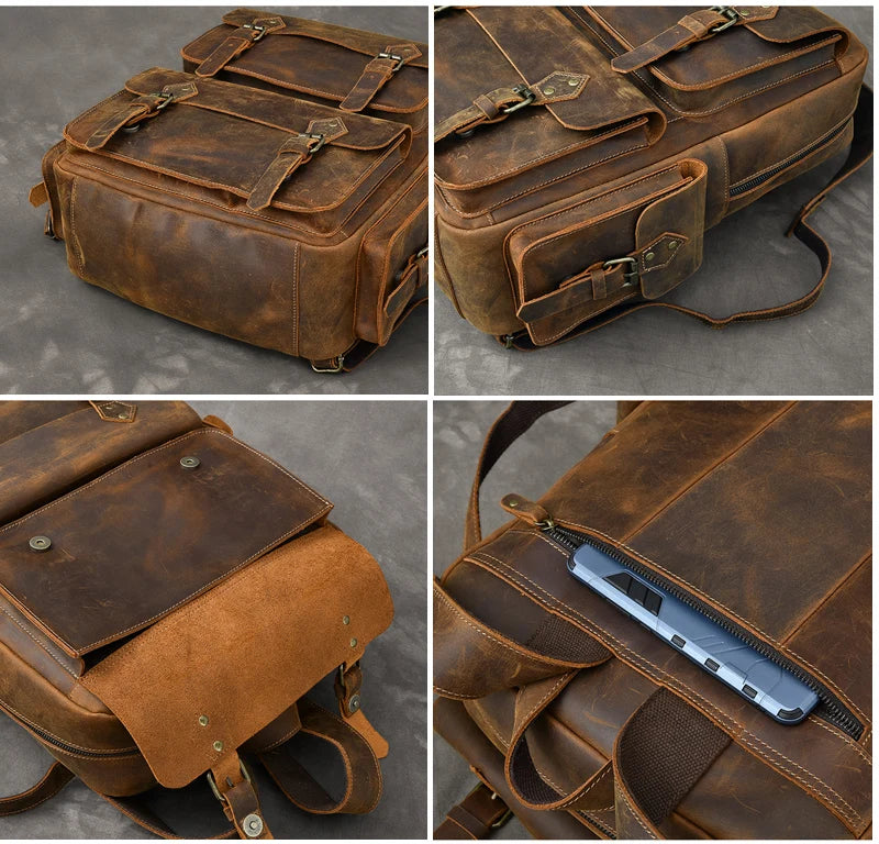Sac à dos vintage en cuir marron véritable Crazy Horse - vue 4