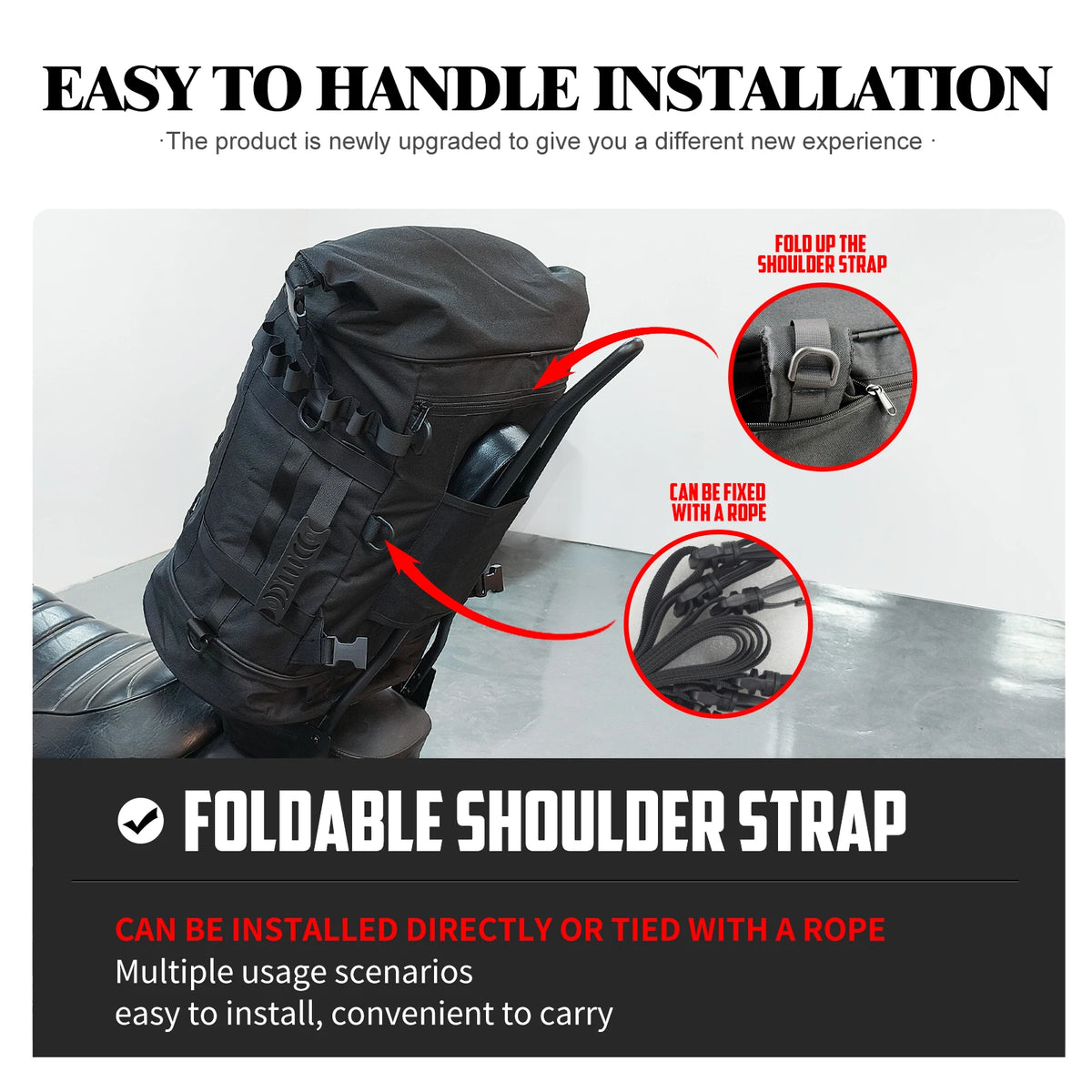 Sac de sissy-bar moto noir extensible avec sangles et housse de pluie - vue 4