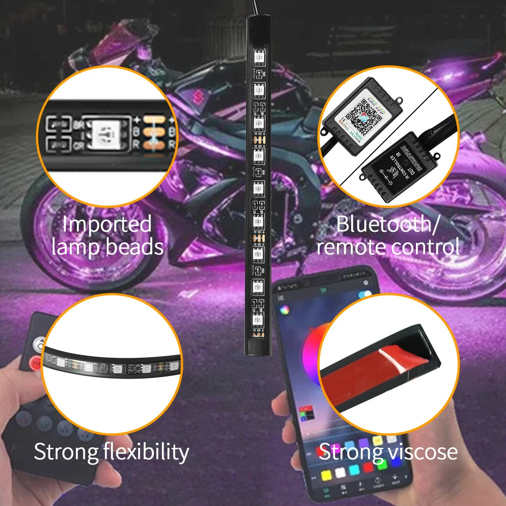 Bande LED d'ambiance flexible RVB pour moto, néon décoratif contrôlable par application 12V - vue 3