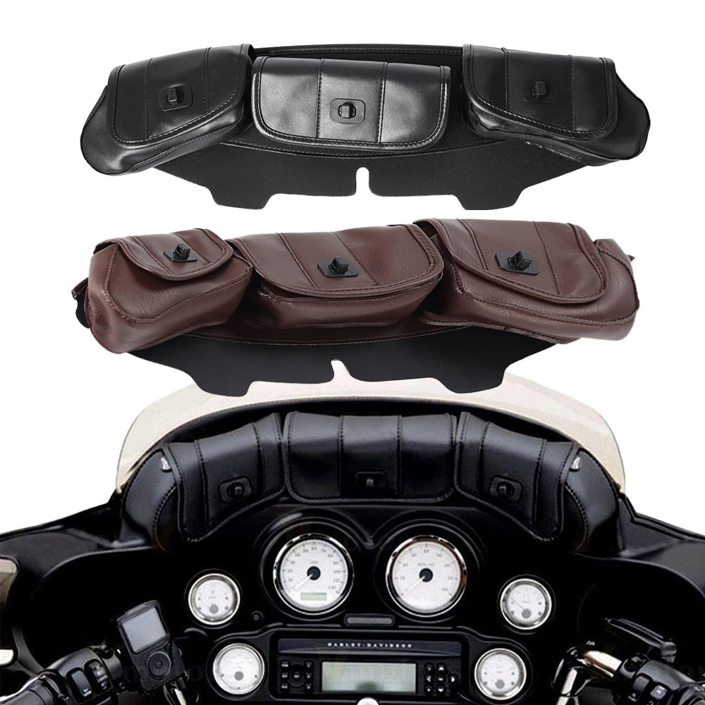 Sacoche de Pare-Brise Noire 3 Poches en Cuir PU pour Harley Electra Street Glide Touring 1996-2013 - vue 1