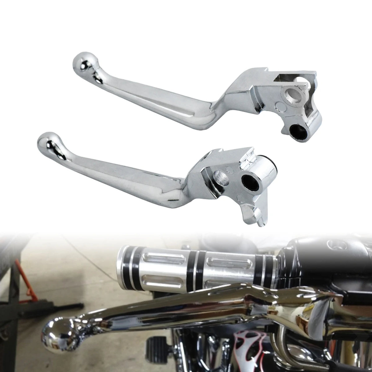 Leviers de frein et d'embrayage chromés pour Harley Sportster, Dyna, Softail et Touring - vue 1