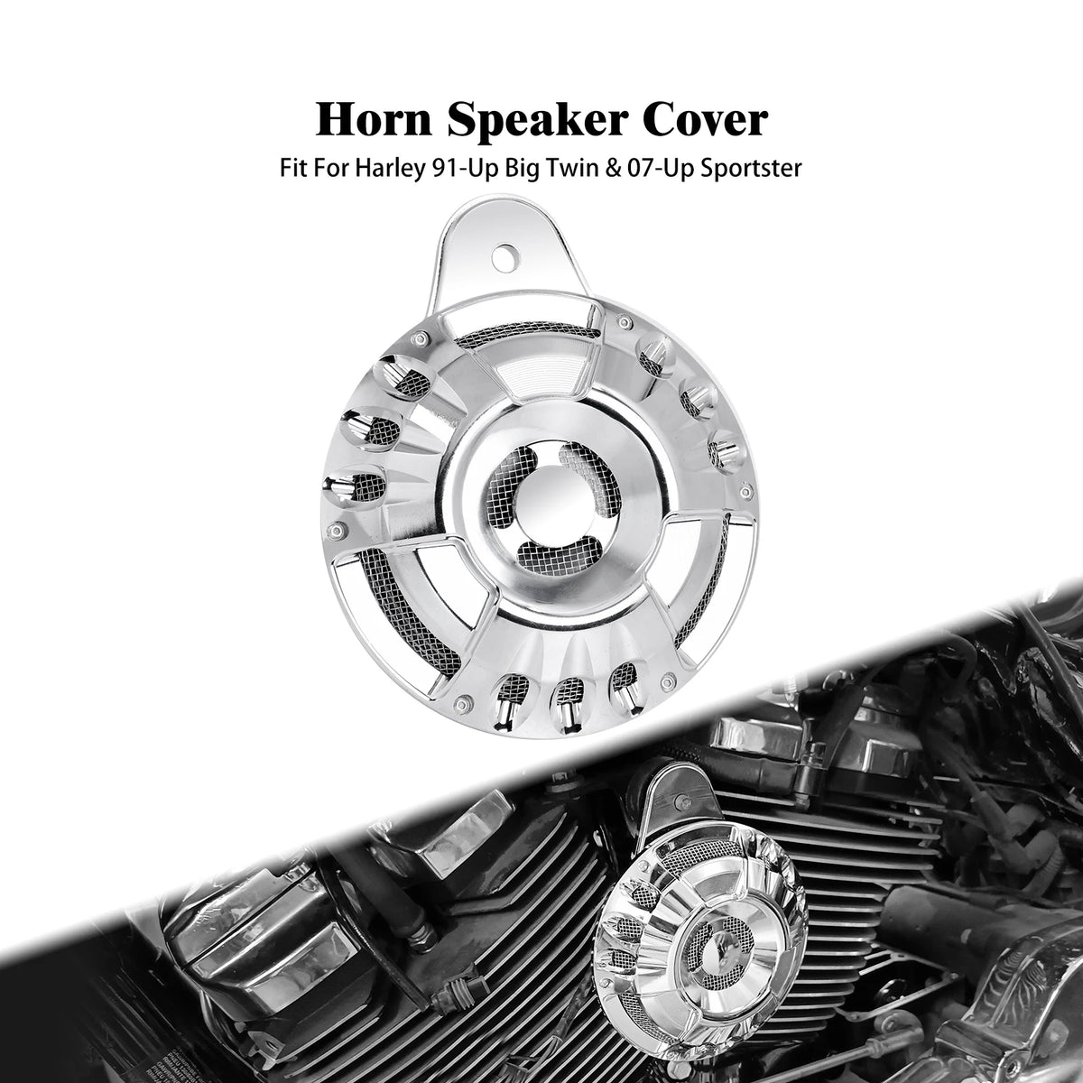 Cache klaxon CNC noir/chrome pour Harley-Davidson Big Twin (Evo/Twin Cam/M8) 1991 et plus, Sportster 2007 et plus – photo 1/7