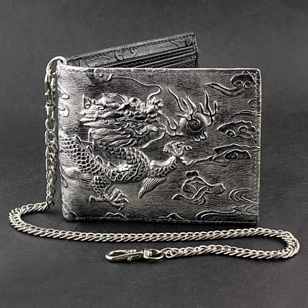 Portefeuille cuir avec chaîne anti-vol motif dragon - vue 1