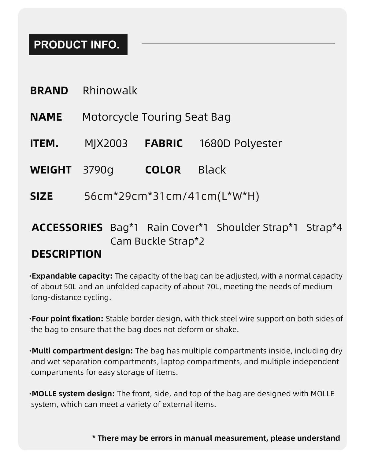 Sac de selle arrière moto Rhinowalk noir grande capacité avec sangles MOLLE - vue 5