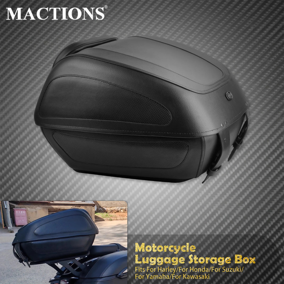 Malle de rangement arrière noire montée sur le porte-bagages d'une moto - vue 1