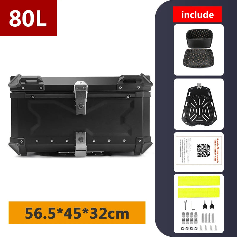 Top case moto en aluminium noir avec serrure, fixé sur un porte-bagages arrière - vue 13