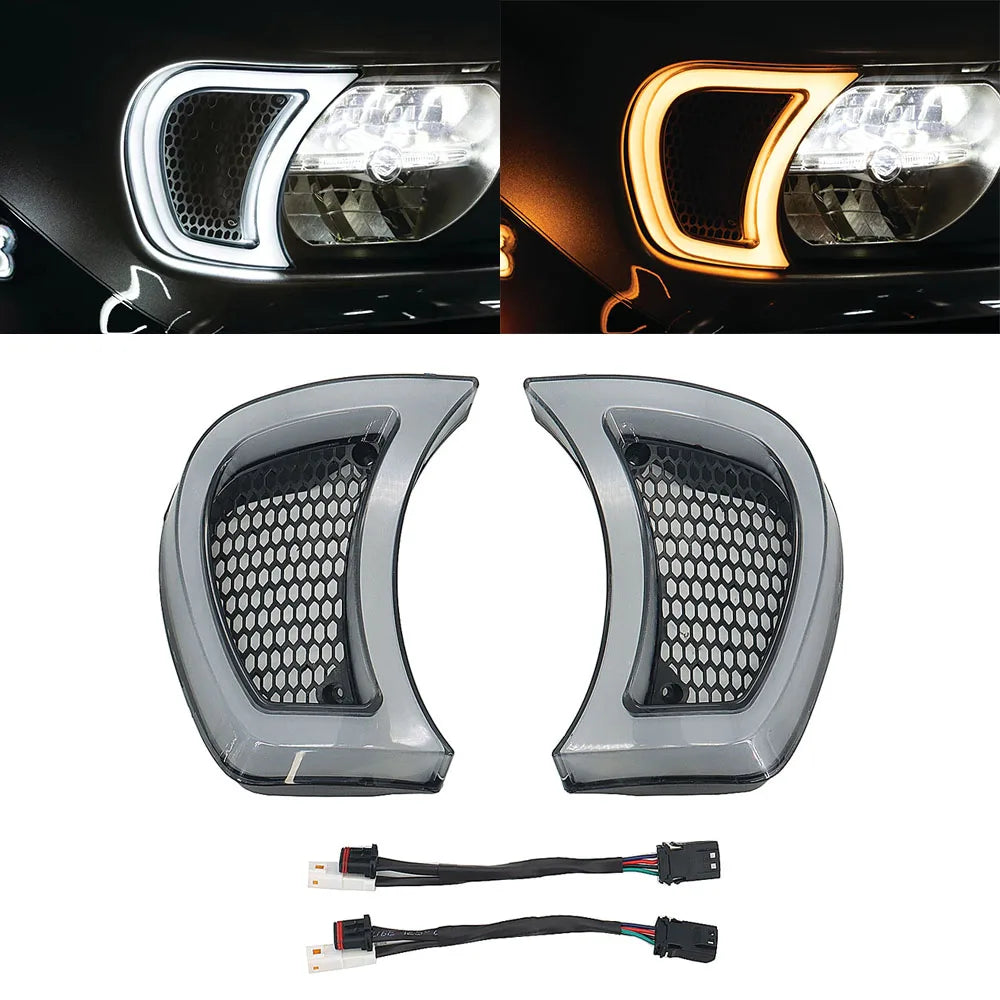 Feux LED d'accent de calandre de phare fumés, veilleuse blanche et clignotant, Harley Road Glide 2015 et plus - vue 1