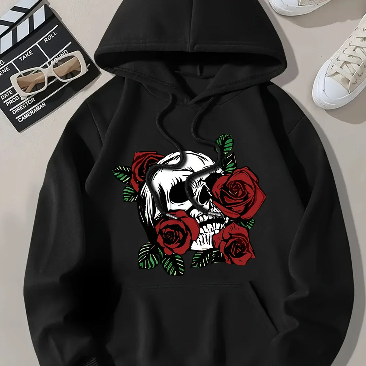 Sweat capuche femme crâne et roses - vue de côté