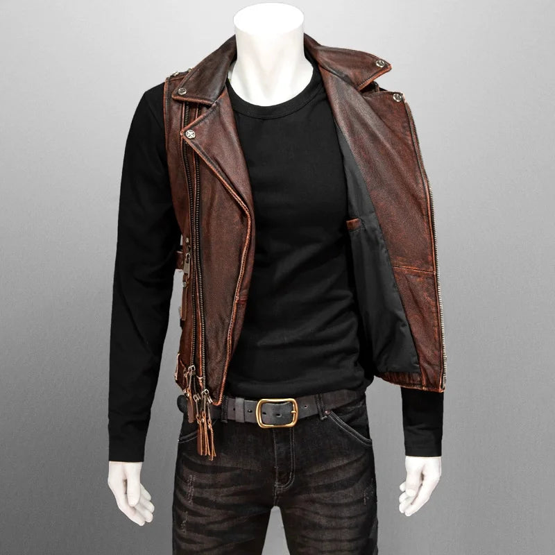 Gilet biker en cuir vintage brun-rouge - vue - vue 5