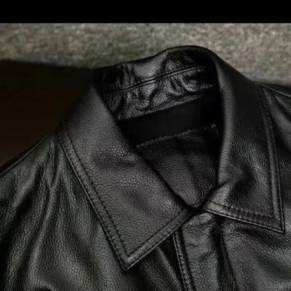 Veste moto homme en cuir véritable noir, vue de face - vue 4